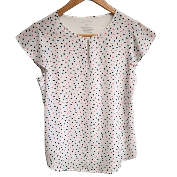 Van Heusen White Multicolor Polka Dot Cap Sleeve Blouse Size Small - Picture 1 of 6